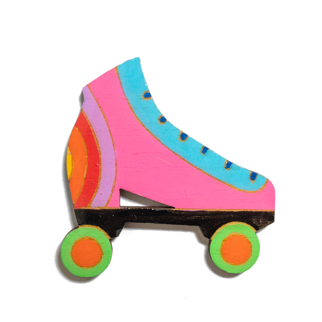 Roller Skate wood brooch Pink