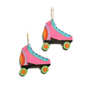 Roller Skate wood hoop dangles Pink
