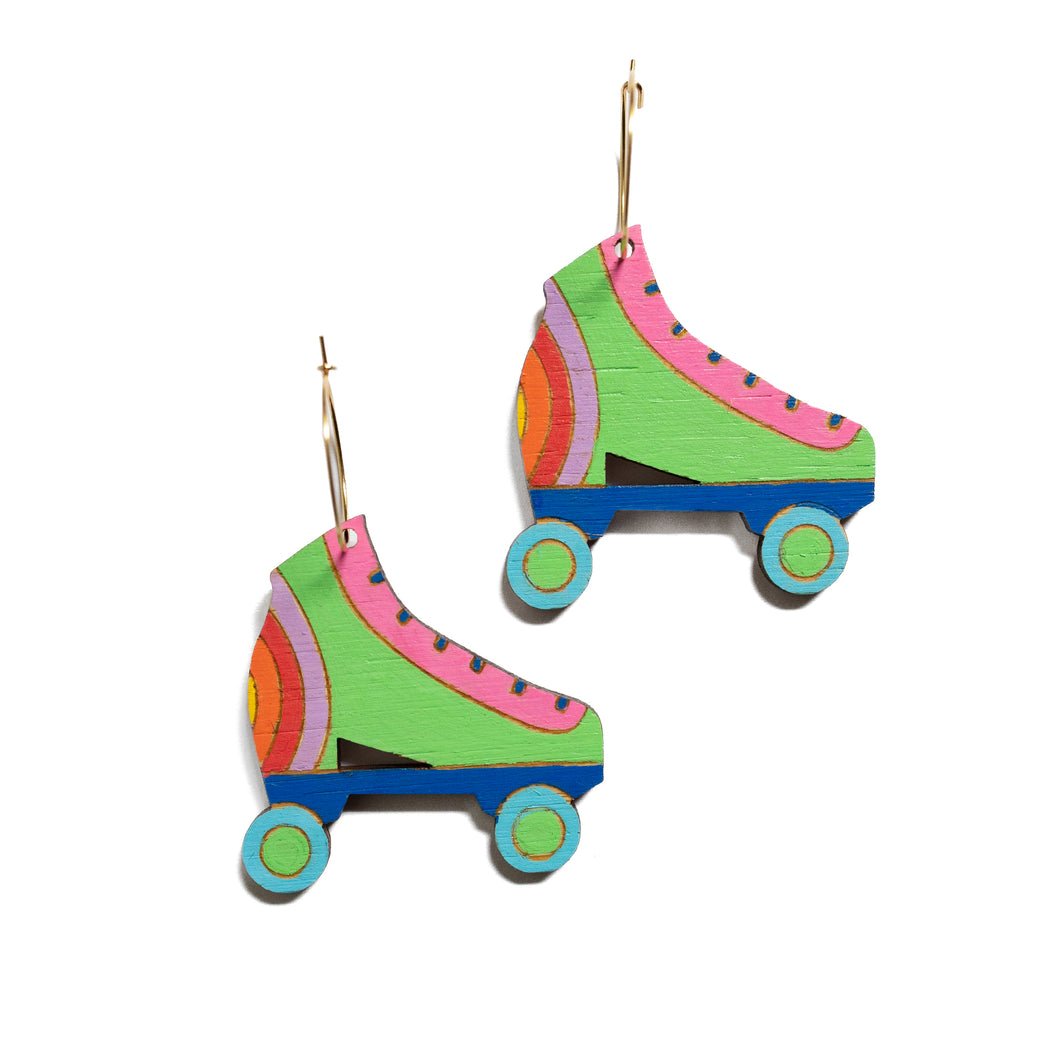 Roller Skate wood hoop dangles Green