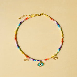 Rainbow Evil Eye 3 charm beaded necklace