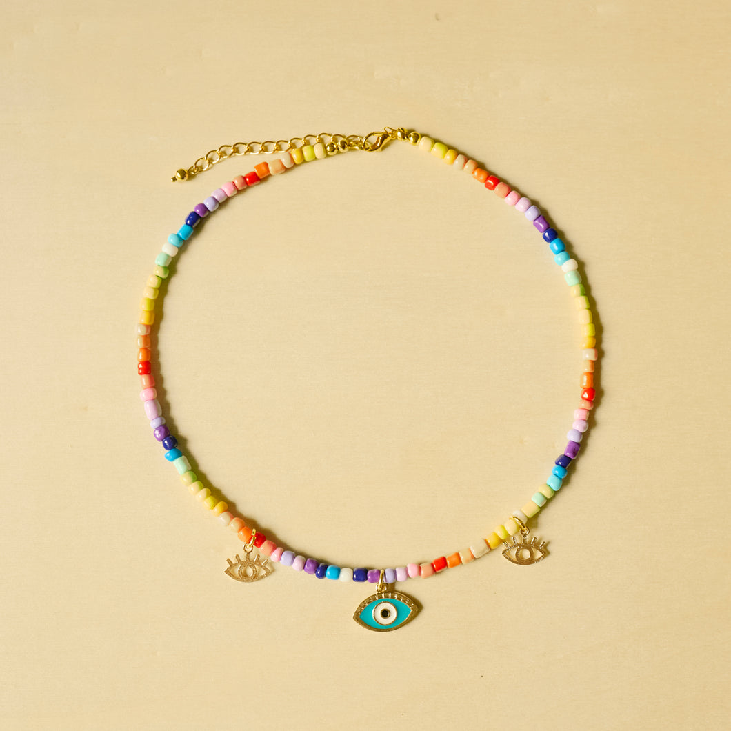 Rainbow Evil Eye 3 charm beaded necklace