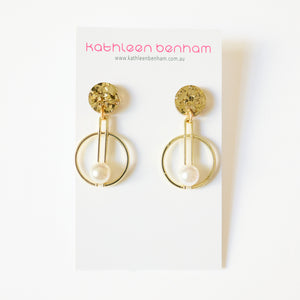 Abstract gold & pearl stud earrings