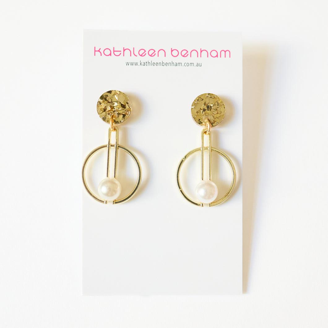 Abstract gold & pearl stud earrings