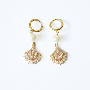 Fan shaped diamante and pearl hoop earrings