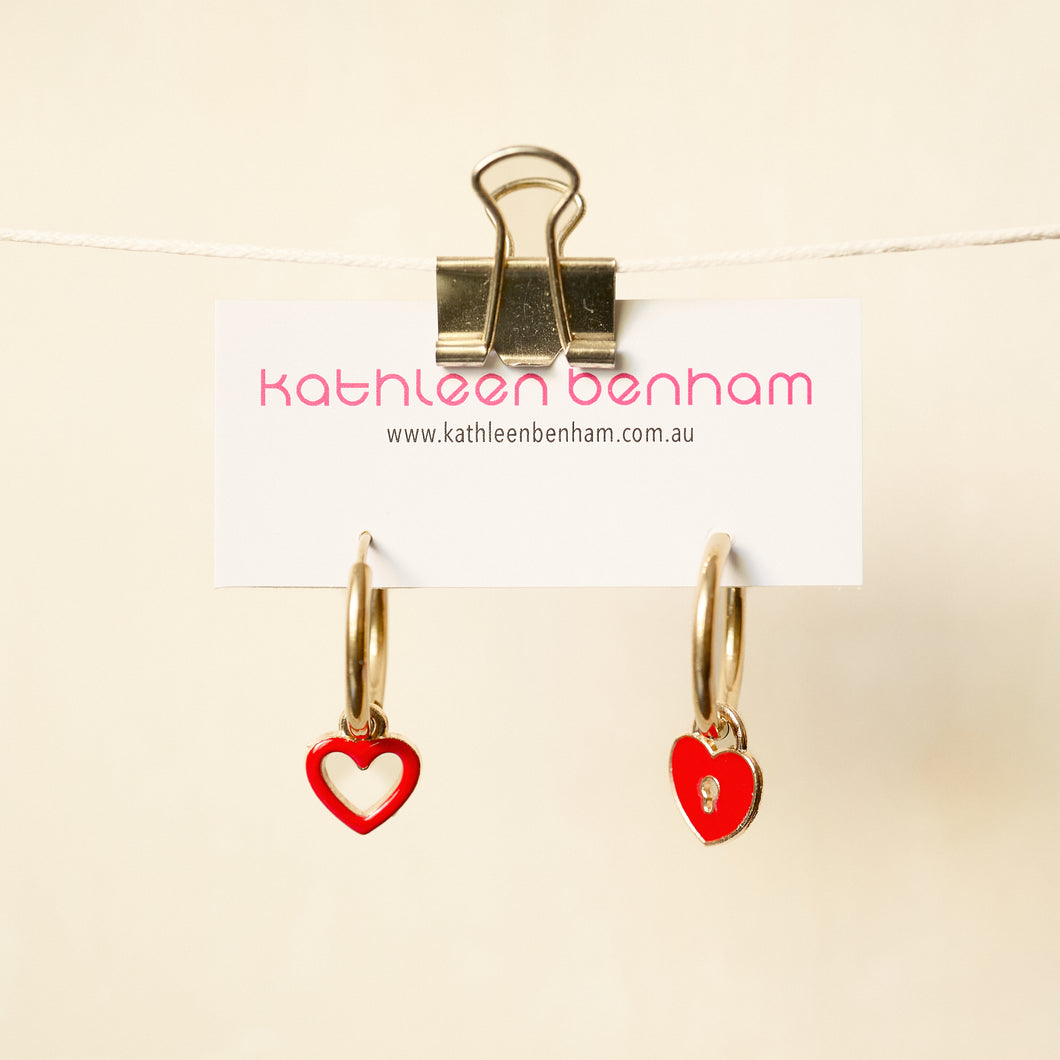 Mismatched Red Heart Hoop Earrings