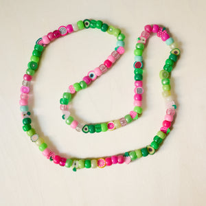 Fruit Frenzy Green & pink pony & polymer clay bead necklace