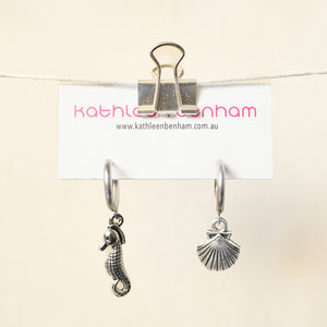 Seashell & Seahorse Charm Silver Hoop Earrings