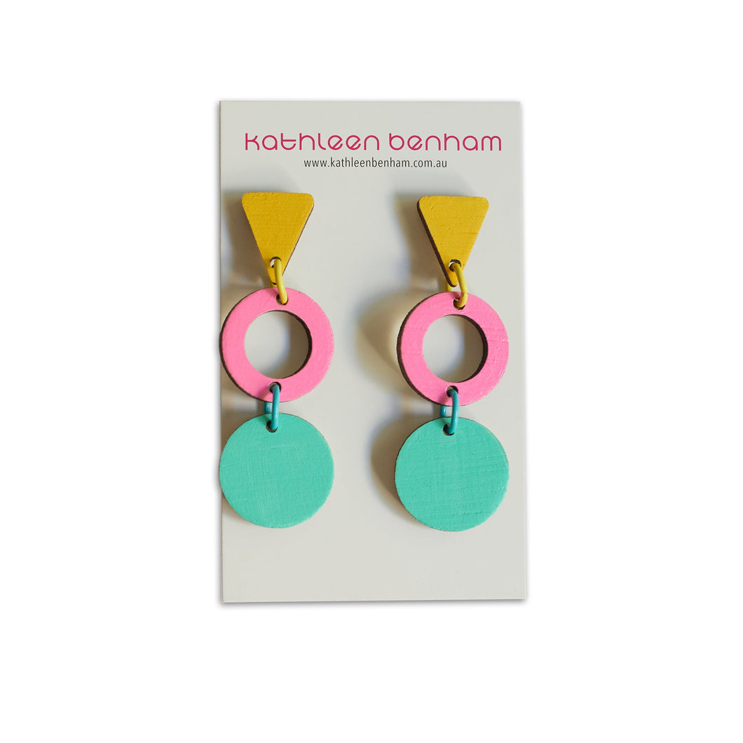 Molly wood 3 tier dangles Yellow/Pink/Mint