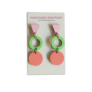 Molly wood 3 tier dangles Coral/Pale pink/Green