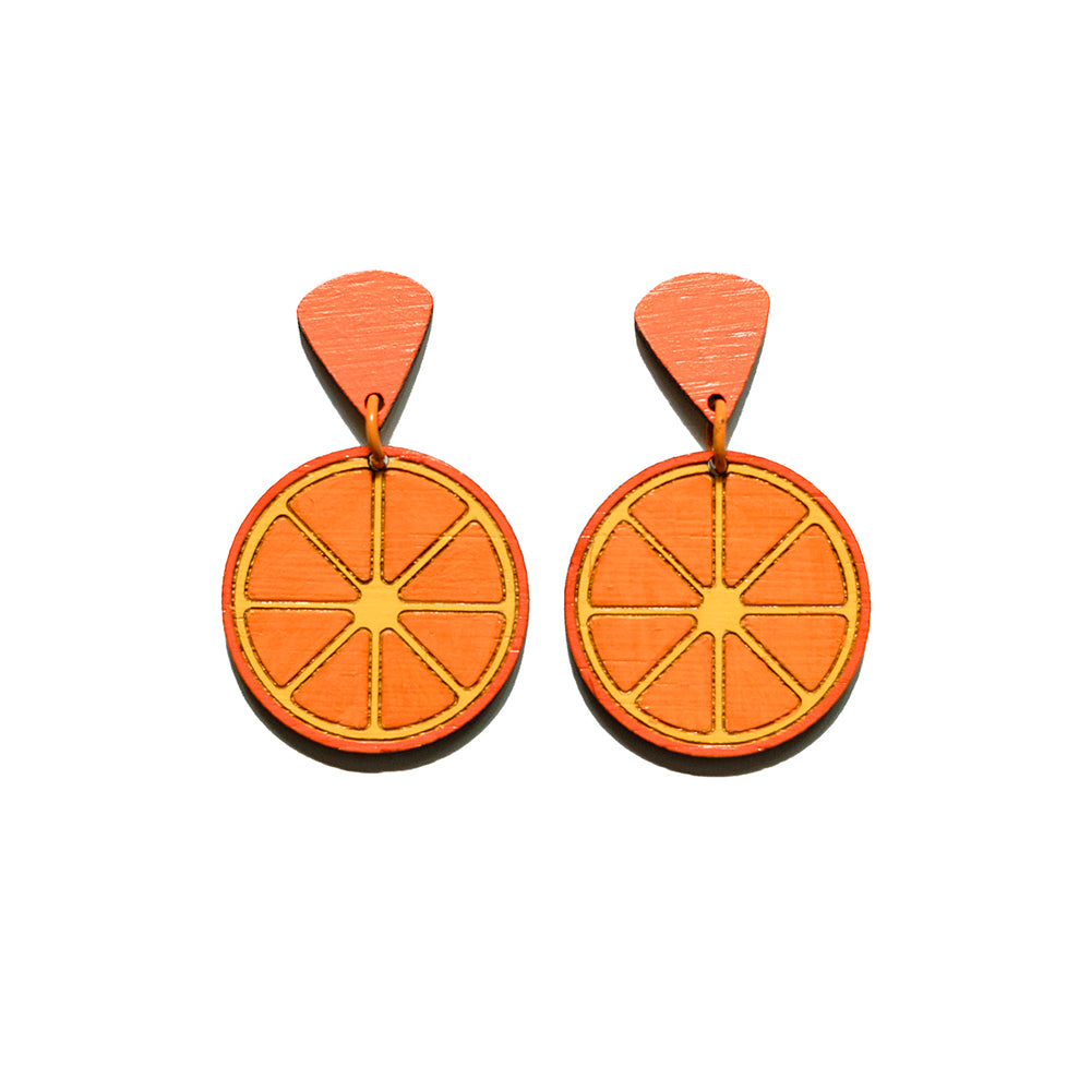 Orange hand painted wood earrings